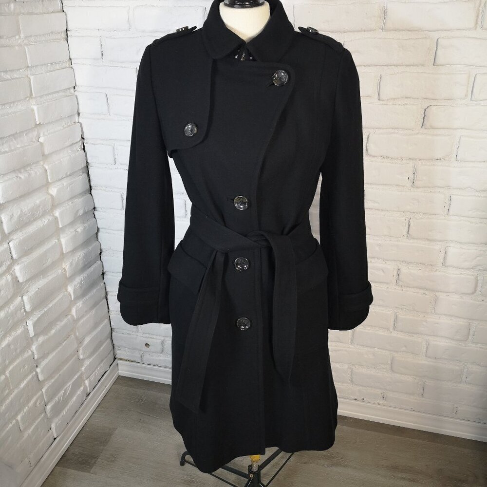 Banana Republic Ladies Size Medium Lined Black Wool Blend Belted Pea Coat